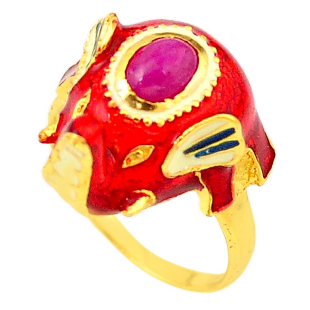 Handmade natural ruby enamel 925 silver gold elephant thai ring size 7 a53322
