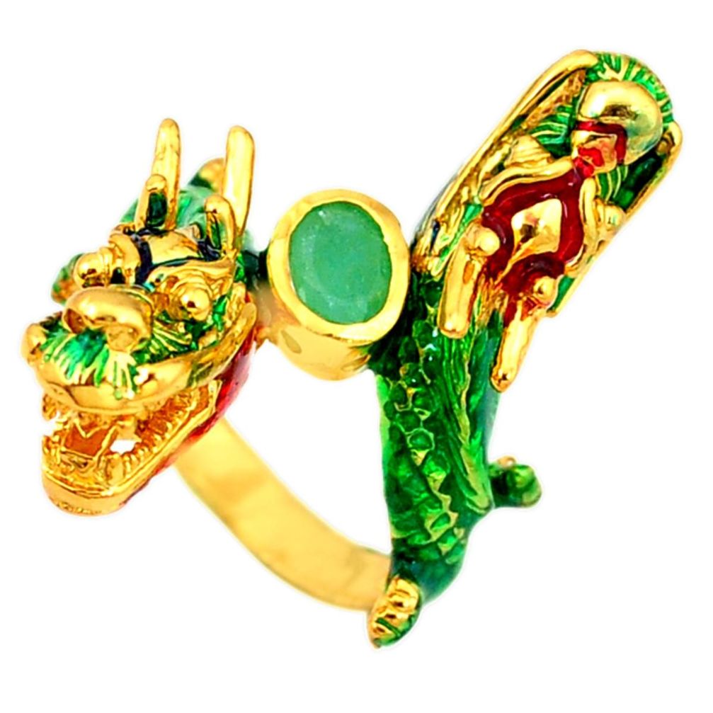 Handmade natural green emerald 925 silver gold dragon thai ring size 8 a53359