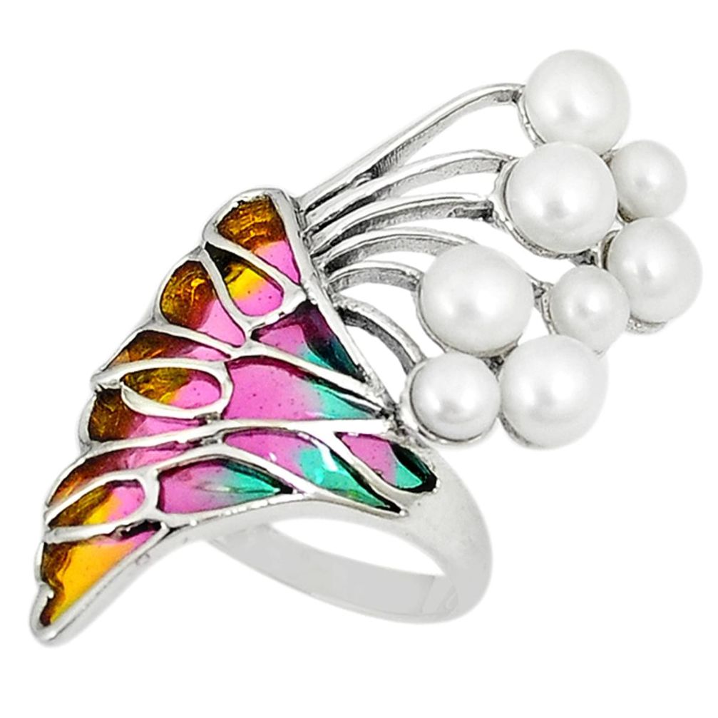 Clearance Sale-Art nouveau natural white pearl enamel 925 sterling silver ring size 8 a53970
