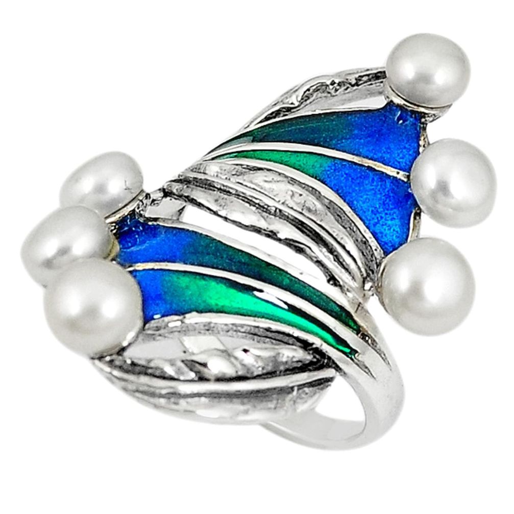 Clearance Sale-Art nouveau 925 sterling silver natural white pearl enamel ring size 8 a53971