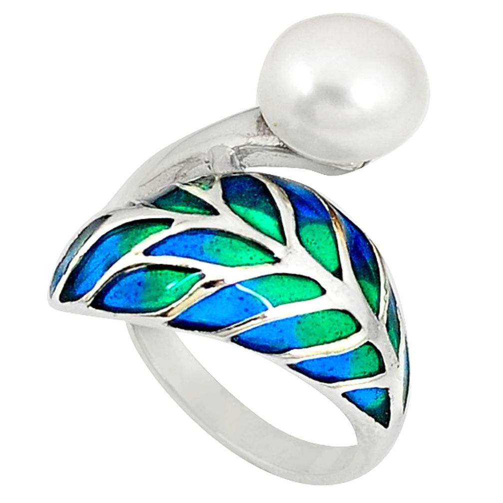 Clearance Sale-Art nouveau natural white pearl enamel 925 sterling silver ring size 7.5 a53978