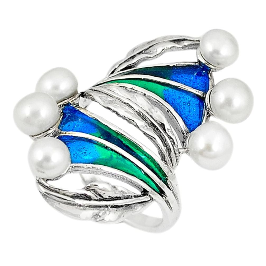 Clearance Sale-Art nouveau natural white pearl enamel 925 sterling silver ring size 8 a53981