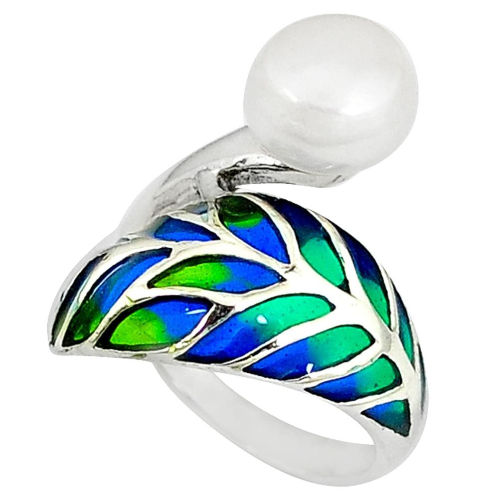 Clearance Sale-Art nouveau natural white pearl enamel 925 sterling silver ring size 7 a53982