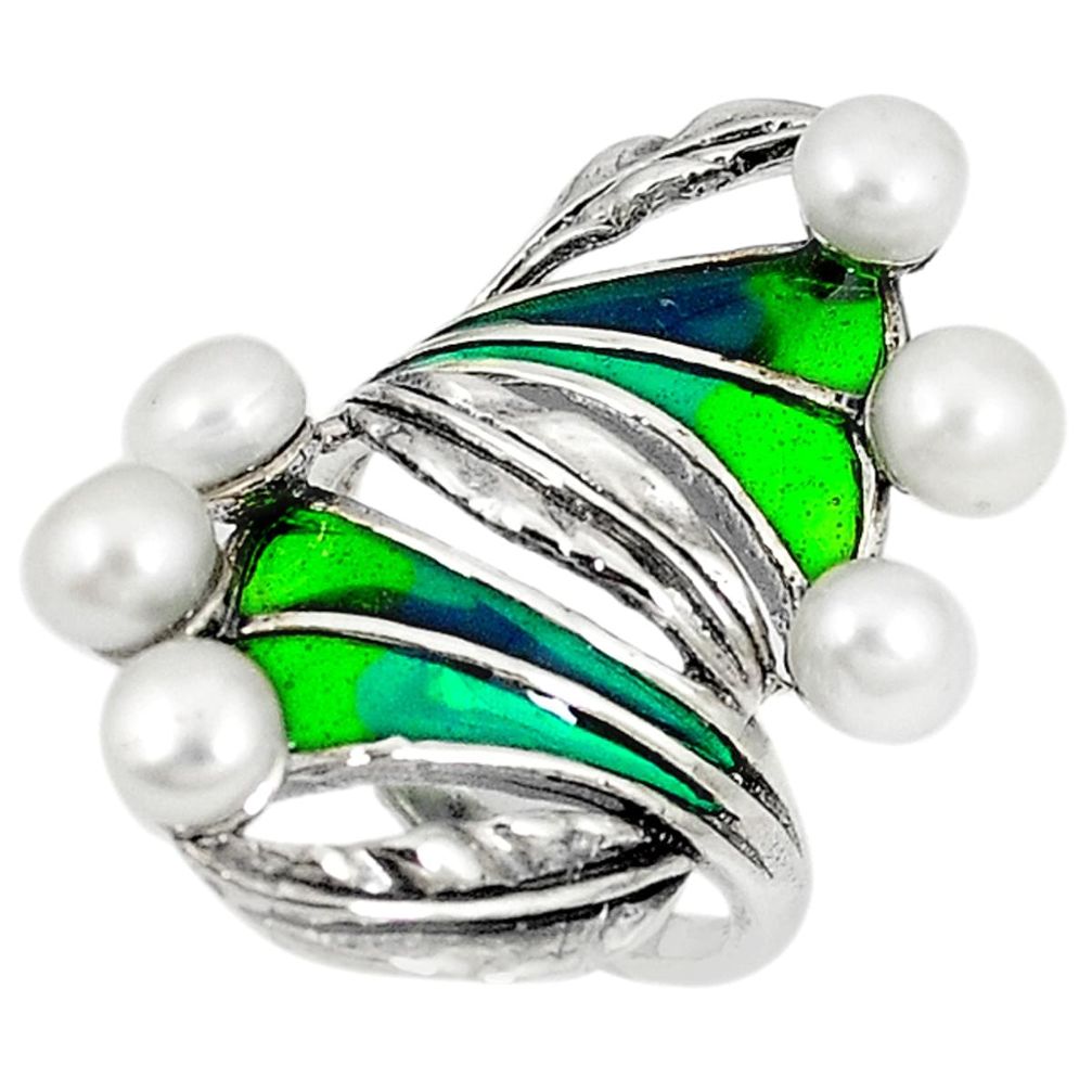 Clearance Sale-Art nouveau natural white pearl enamel 925 sterling silver ring size 8 a53987