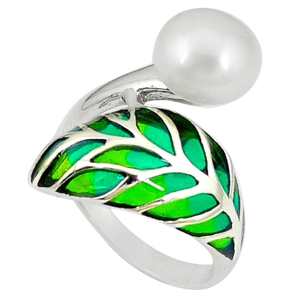 Clearance Sale-Art nouveau 925 sterling silver natural white pearl enamel ring size 7.5 a54017