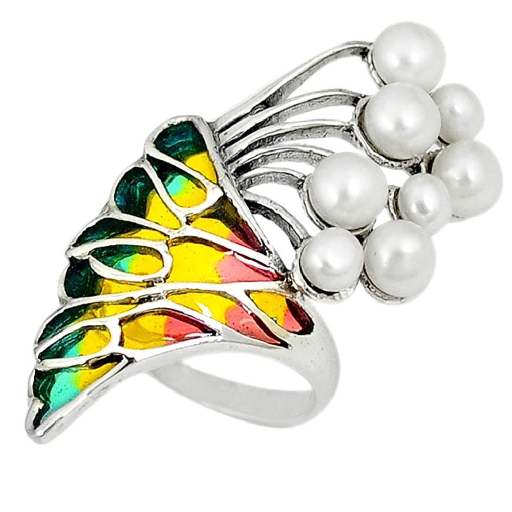 Clearance Sale-Art nouveau 925 sterling silver natural white pearl enamel ring size 7 a54049