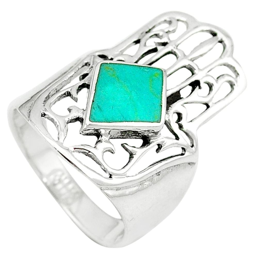 Clearance Sale-Fine green turquoise 925 silver hand of god hamsa ring size 7 a54830