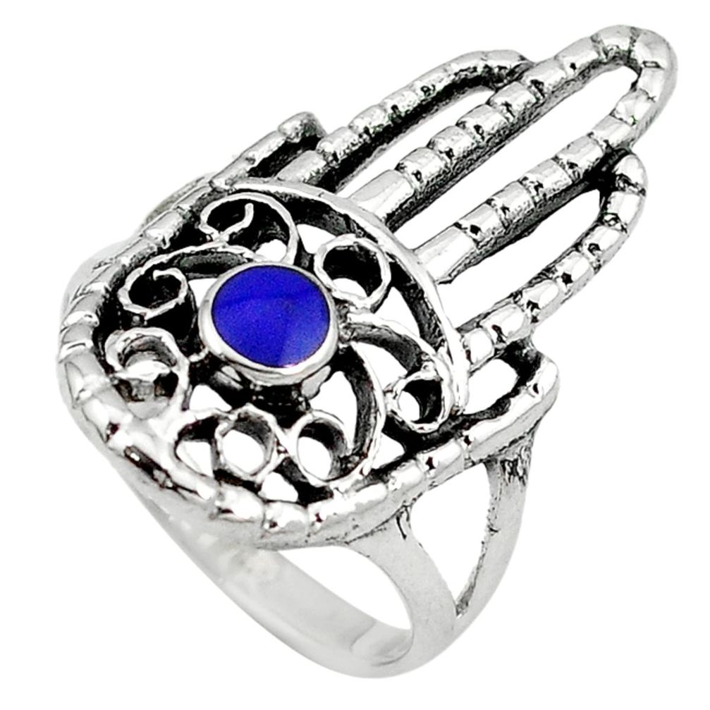 Clearance Sale-Blue lapis lazuli 925 sterling silver hand of god hamsa ring size 7 a54834