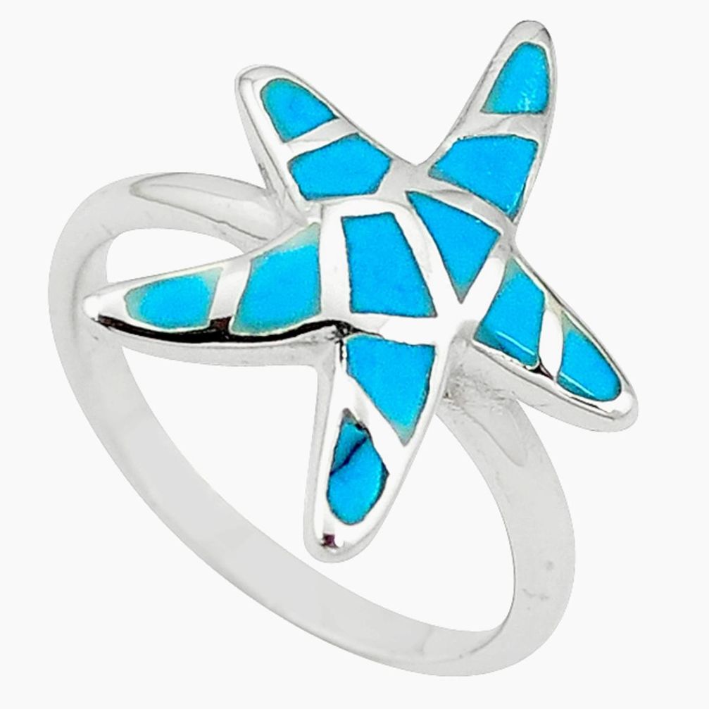 Clearance Sale-925 silver fine blue turquoise enamel star fish ring jewelry size 6 a54974