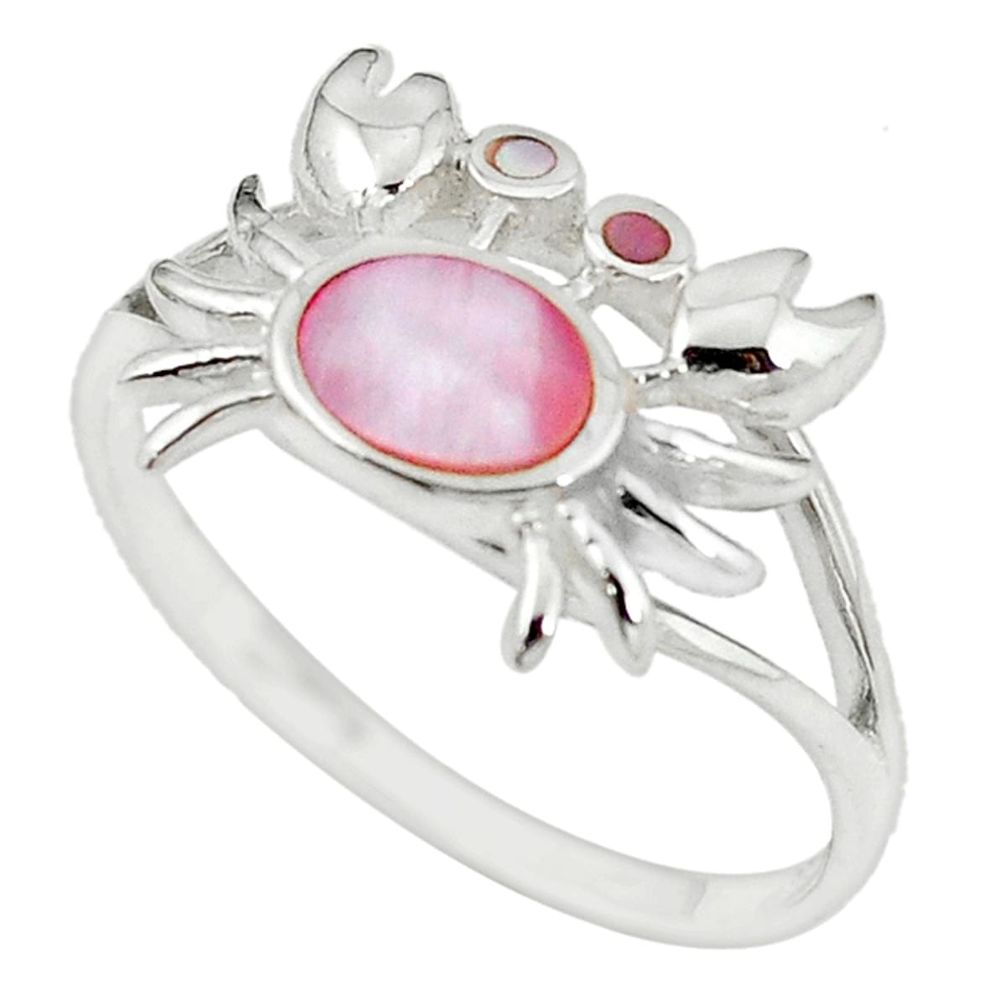 Clearance Sale-Pink pearl enamel 925 sterling silver crab ring jewelry size 9 a55000