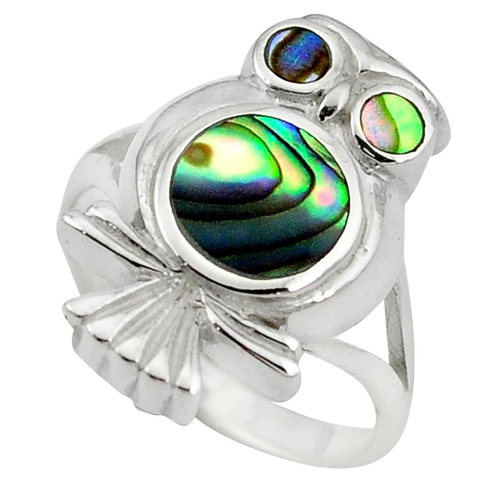 Clearance Sale-Green abalone paua seashell 925 sterling silver owl ring size 6 a55114