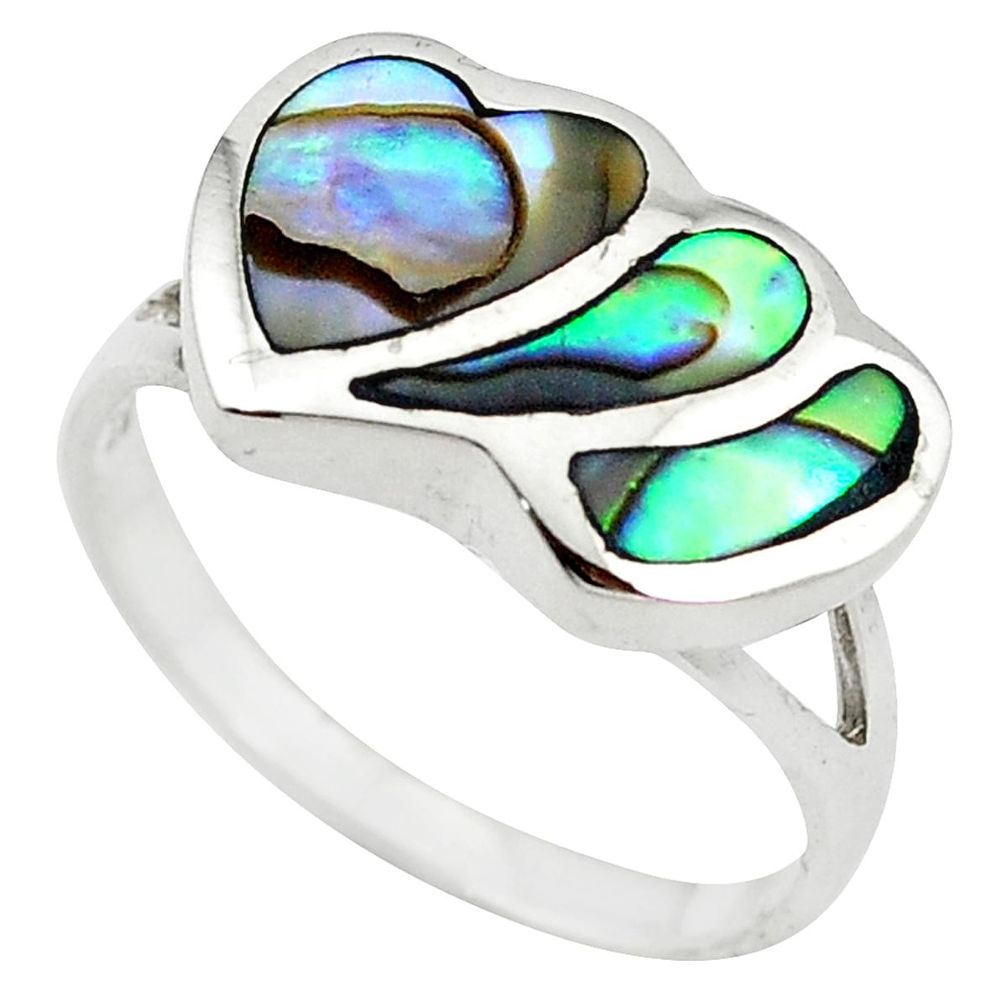 Clearance Sale-Green abalone paua seashell 925 sterling silver heart ring size 8 a55132