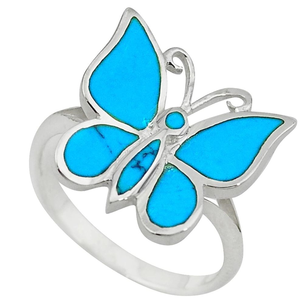 Clearance Sale-Fine blue turquoise enamel 925 sterling silver butterfly ring size 8 a55168