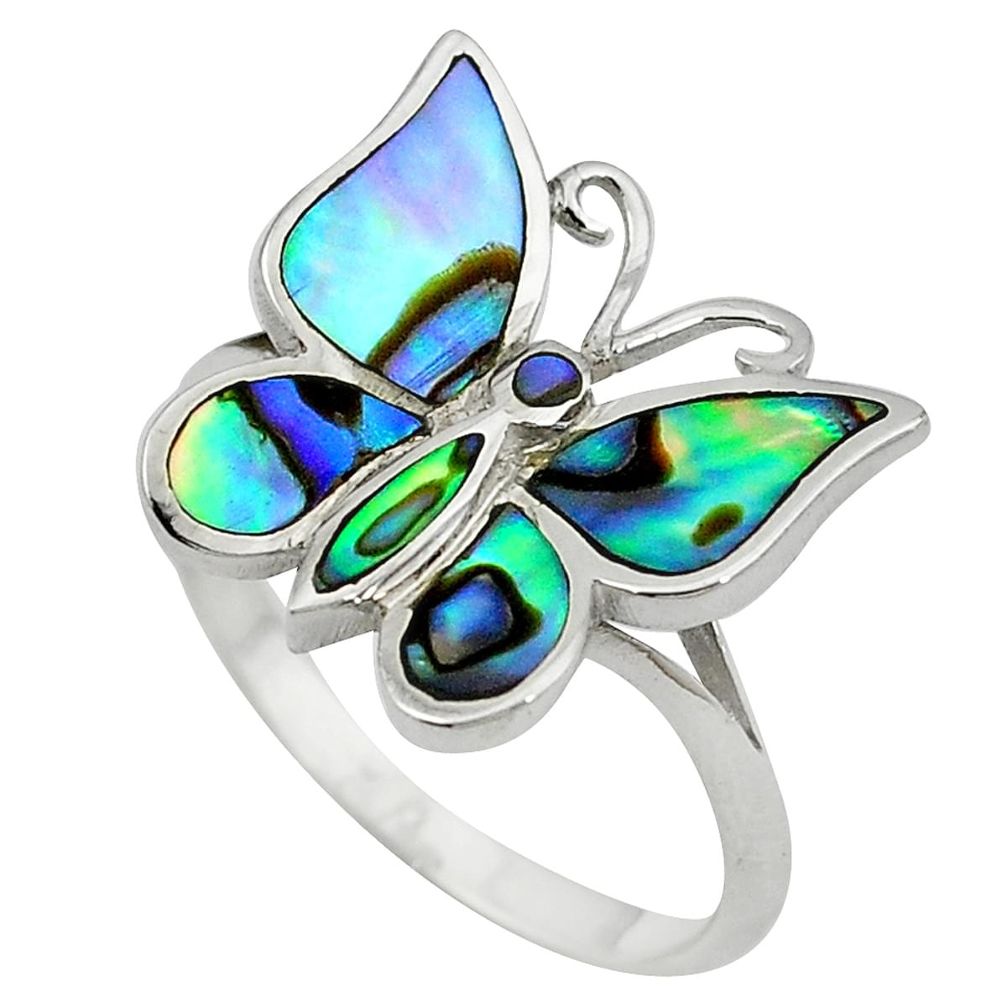 Green abalone paua seashell 925 sterling silver butterfly ring size 9 a55170