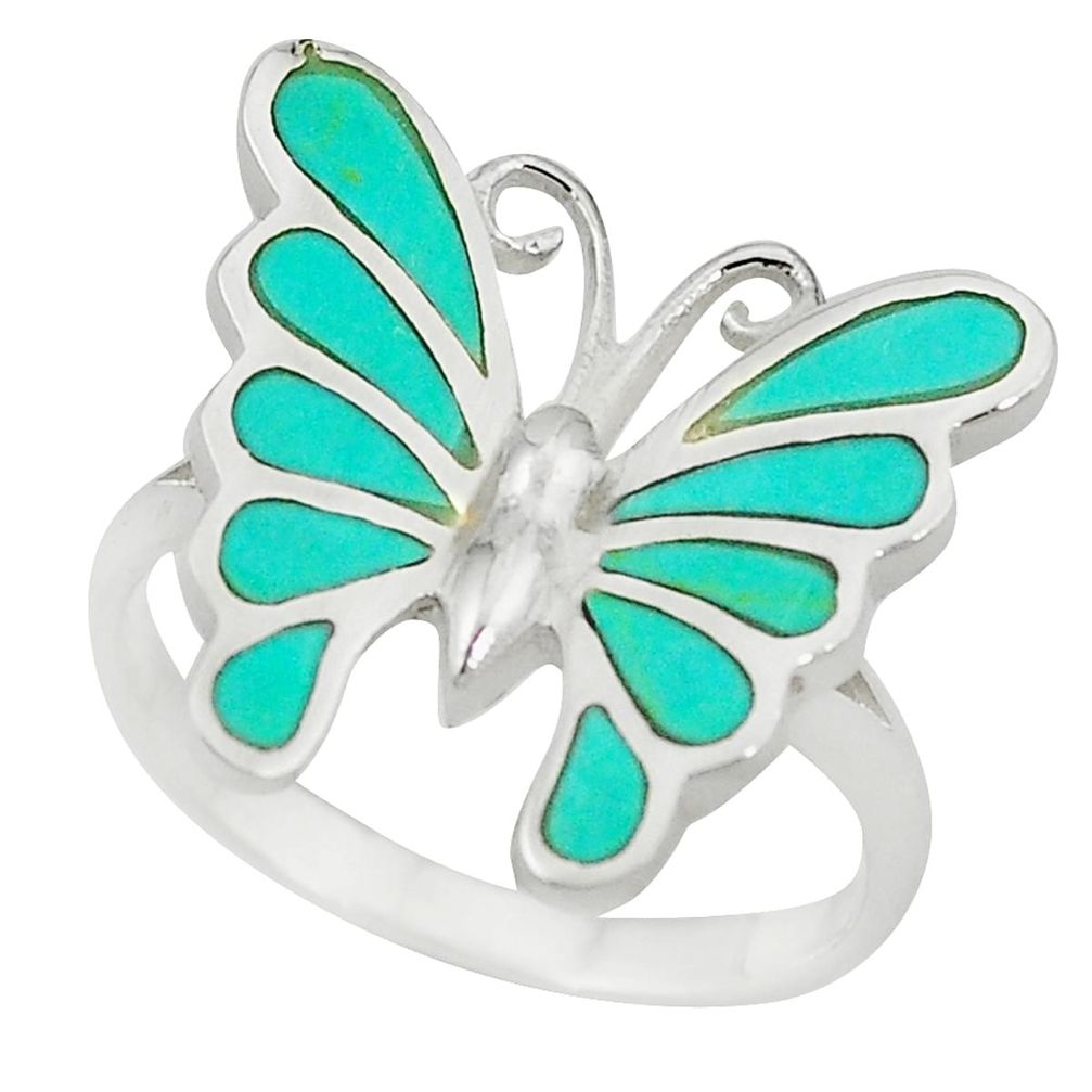 Clearance Sale-Fine green turquoise enamel 925 silver butterfly ring jewelry size 8 a55197