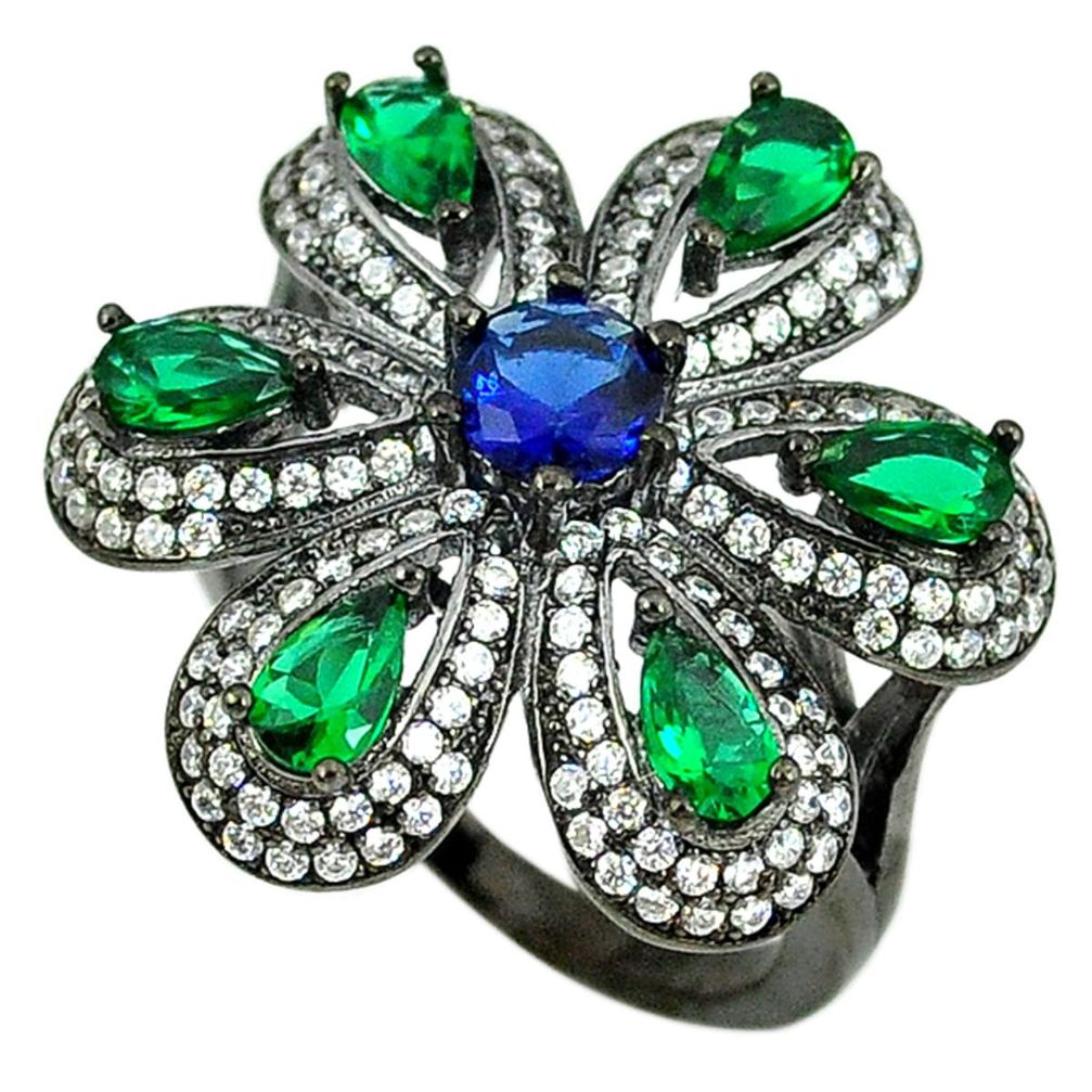 Clearance Sale-Blue sapphire emerald quartz black rhodium 925 silver ring size 7.5 a55899