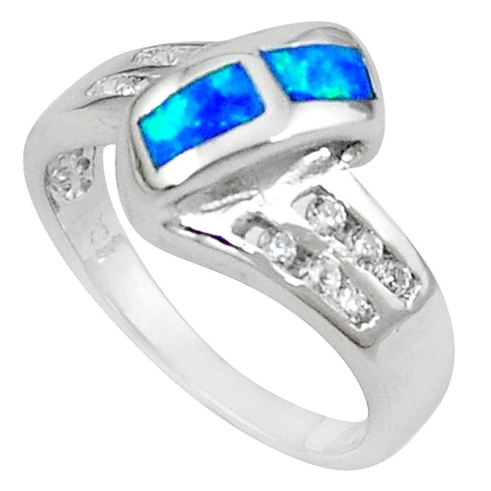 Clearance Sale-Blue australian opal (lab) white topaz 925 silver ring jewelry size 7 a56607