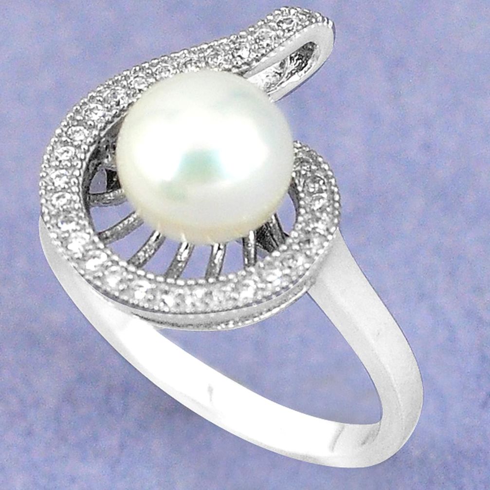 Clearance Sale-Natural white pearl topaz round 925 sterling silver ring size 7.5 a57703