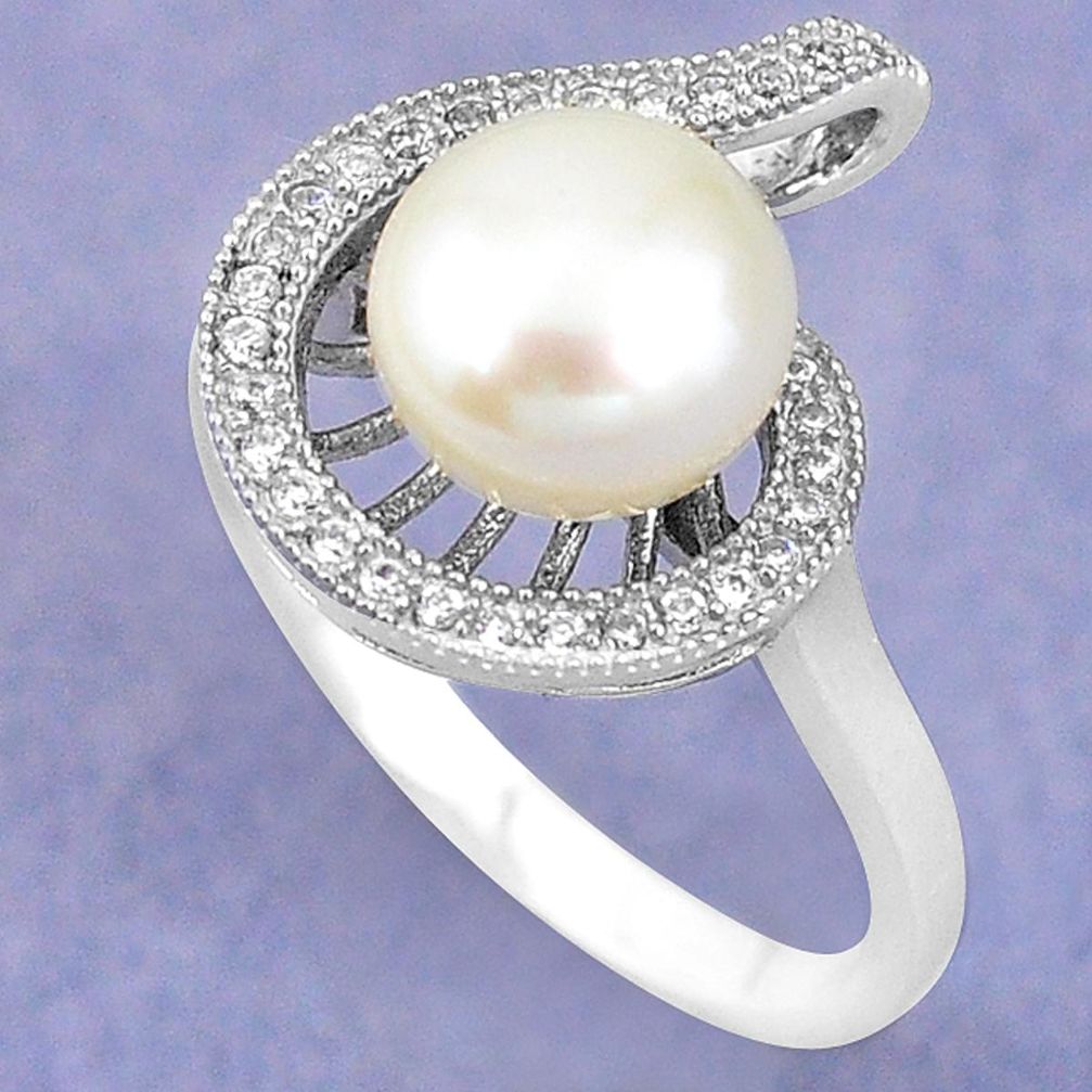 Clearance Sale-Natural white pearl topaz round 925 sterling silver ring size 6.5 a57746