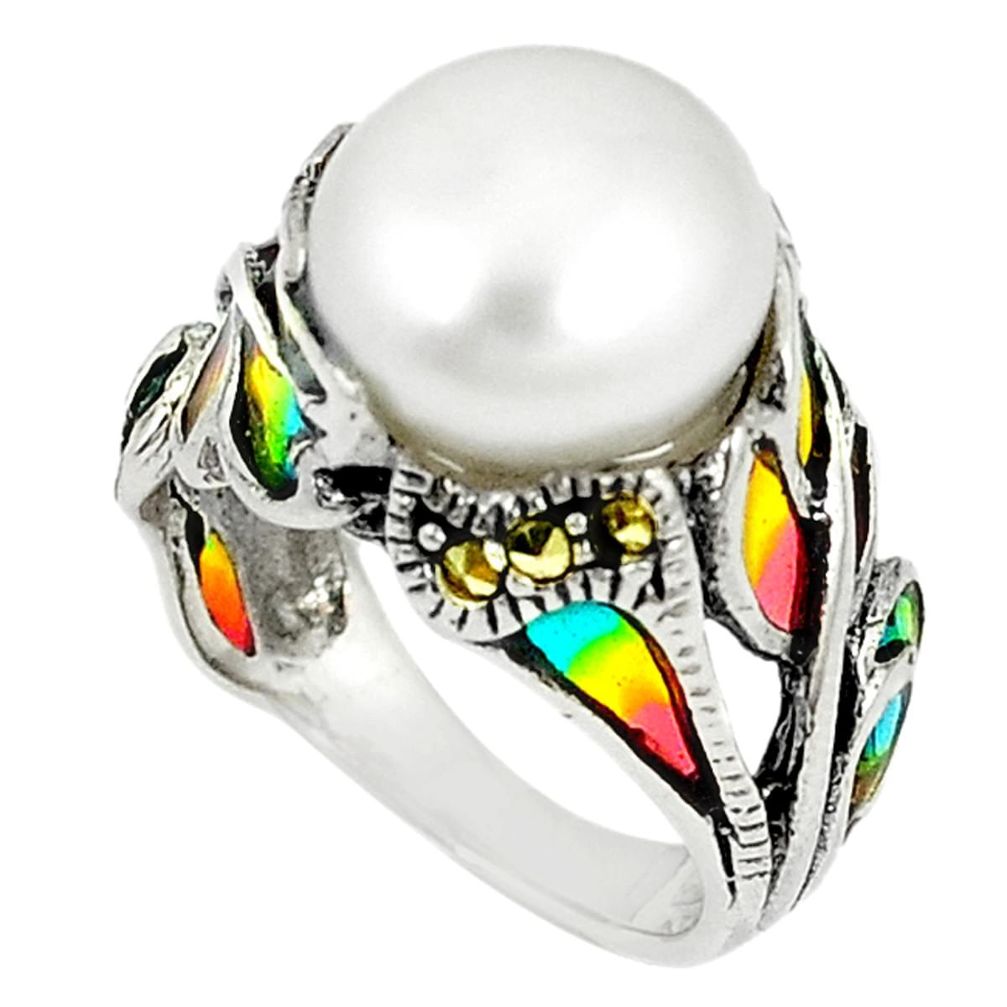 Clearance Sale-925 sterling silver natural white pearl marcasite enamel ring size 7.5 a57920