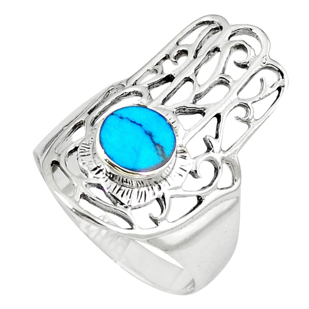 Clearance Sale-Fine blue turquoise 925 silver hand of god hamsa ring jewelry size 8 a58228