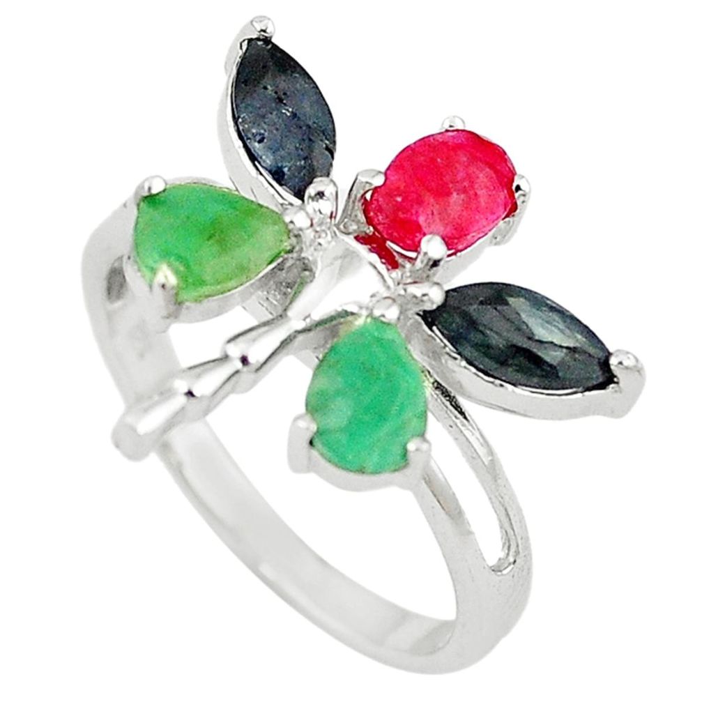 Clearance Sale-Natural red ruby emerald sapphire 925 sterling silver ring jewelry size 9 a58508