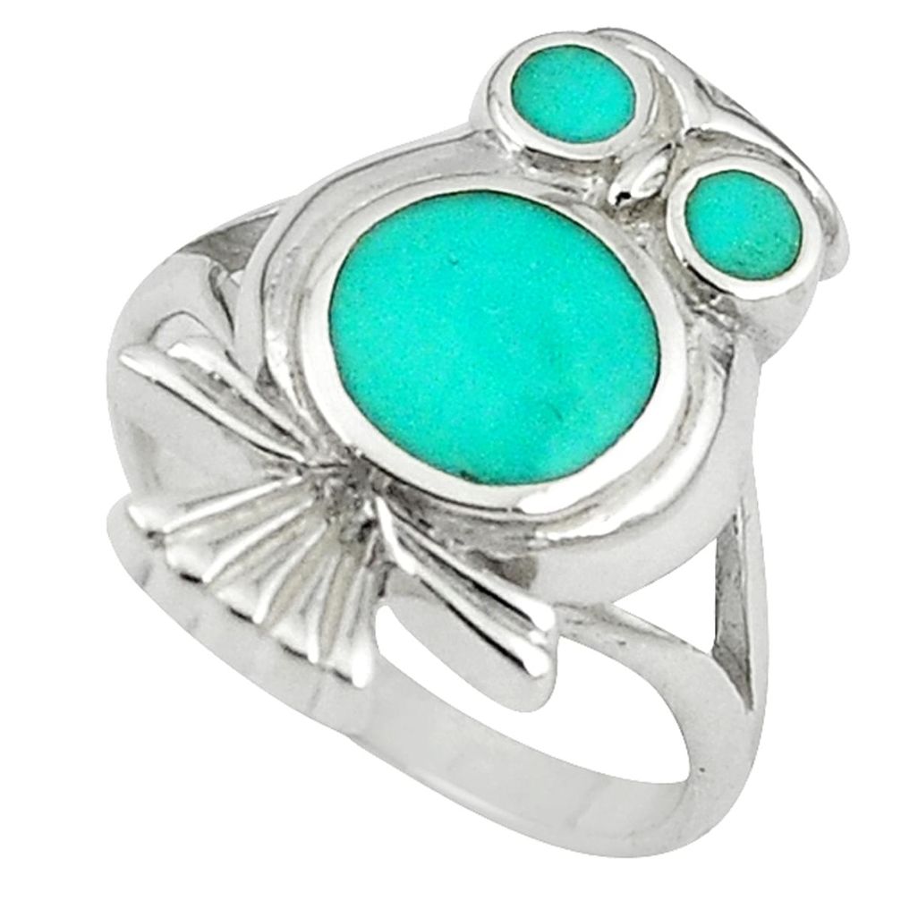 Clearance Sale-Fine green turquoise enamel 925 sterling silver owl ring size 6 a58766