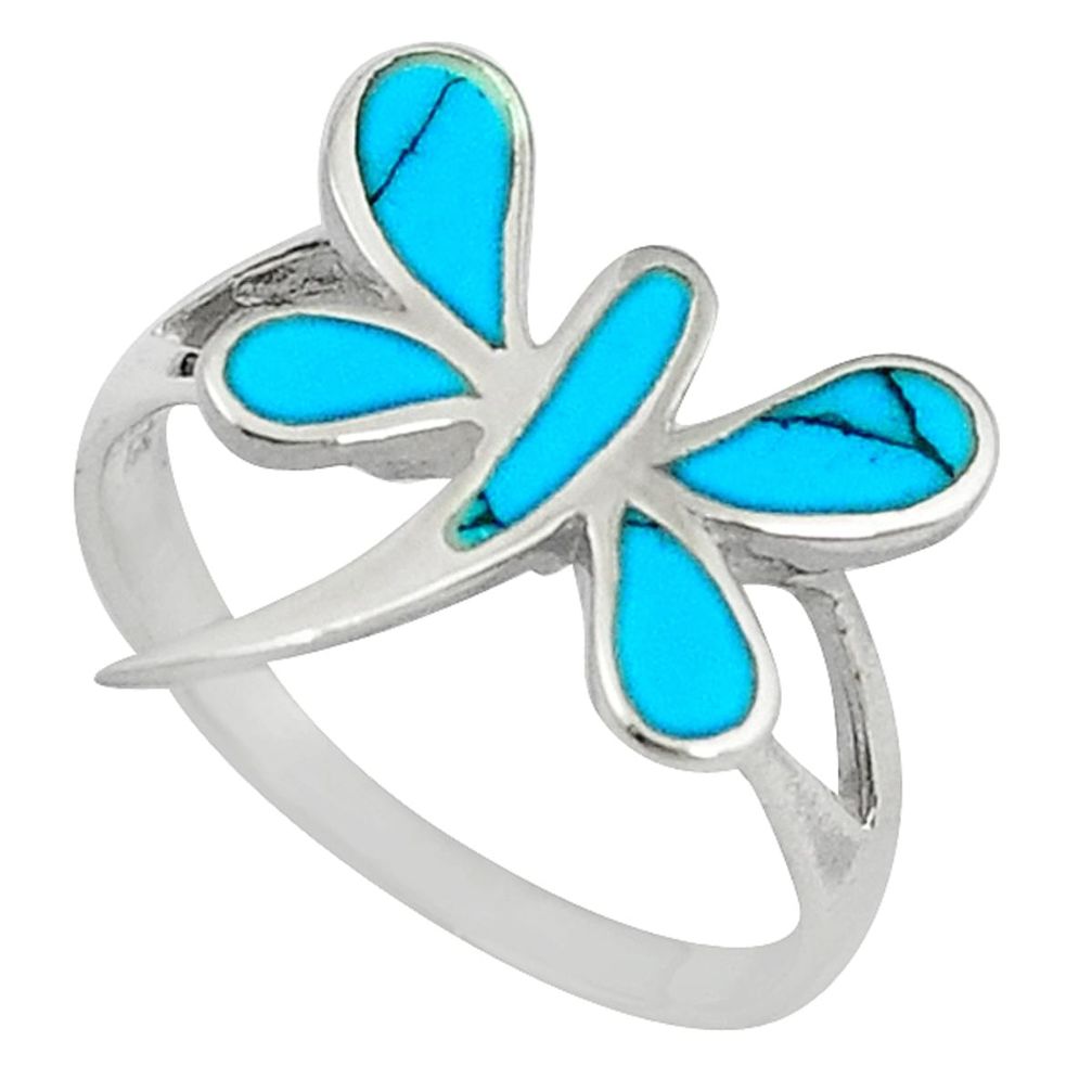 Clearance Sale-925 sterling silver fine blue turquoise enamel dragonfly ring size 7 a58880