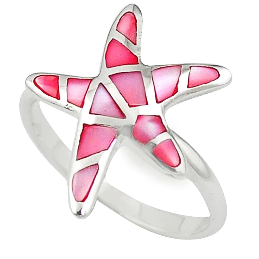 Clearance Sale-Pink pearl enamel 925 sterling silver star fish ring jewelry size 8 a58912