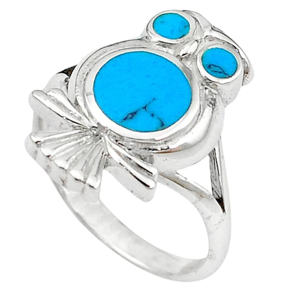 Clearance Sale-Fine blue turquoise enamel 925 sterling silver owl ring jewelry size 8 a58967