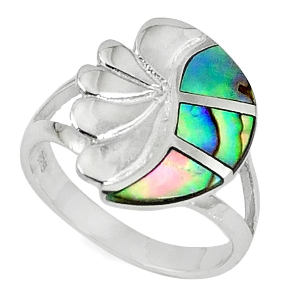 Green abalone paua seashell enamel 925 sterling silver ring size 6 a59502