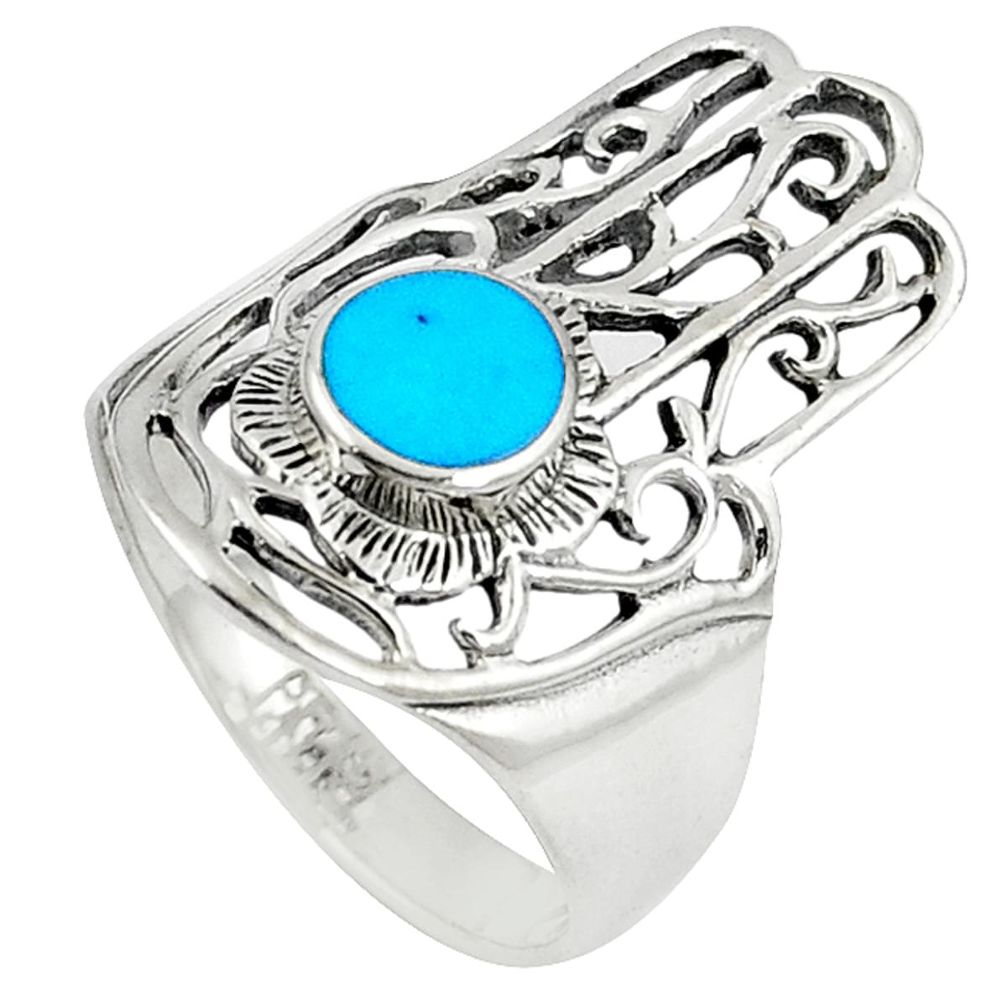 Fine blue turquoise 925 silver hand of god hamsa ring jewelry size 9 a59828