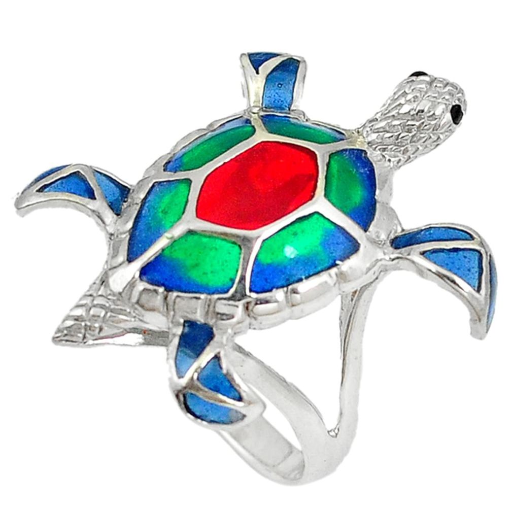 Multi color enamel 925 sterling silver tortoise ring jewelry size 8 a60172