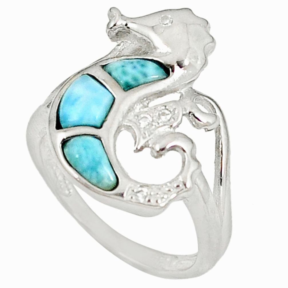 Natural blue larimar white topaz 925 silver seahorse ring jewelry size 6 a60681