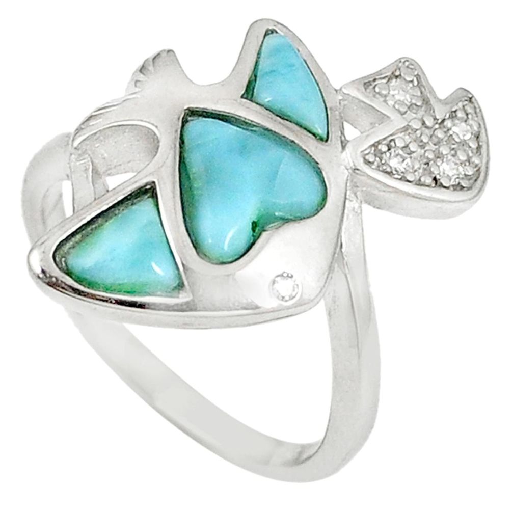Natural blue larimar white topaz 925 sterling silver ring size 7.5 a60685