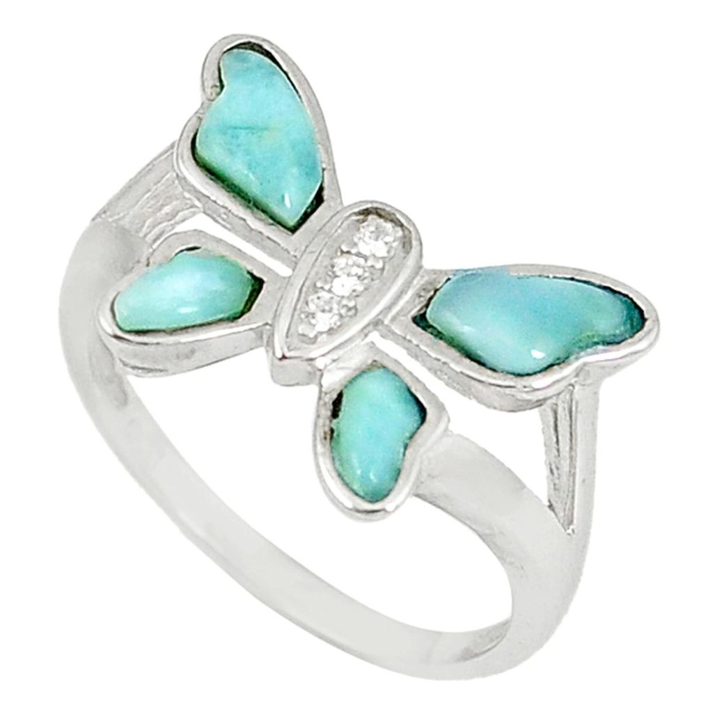 Natural blue larimar topaz 925 sterling silver butterfly ring size 8 a60727