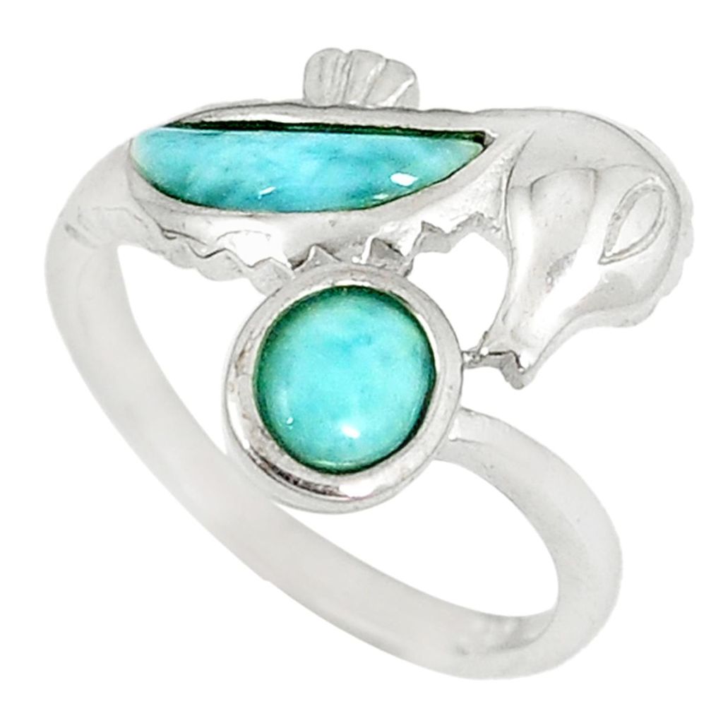 Natural blue larimar topaz 925 sterling silver seahorse ring size 8 a60733