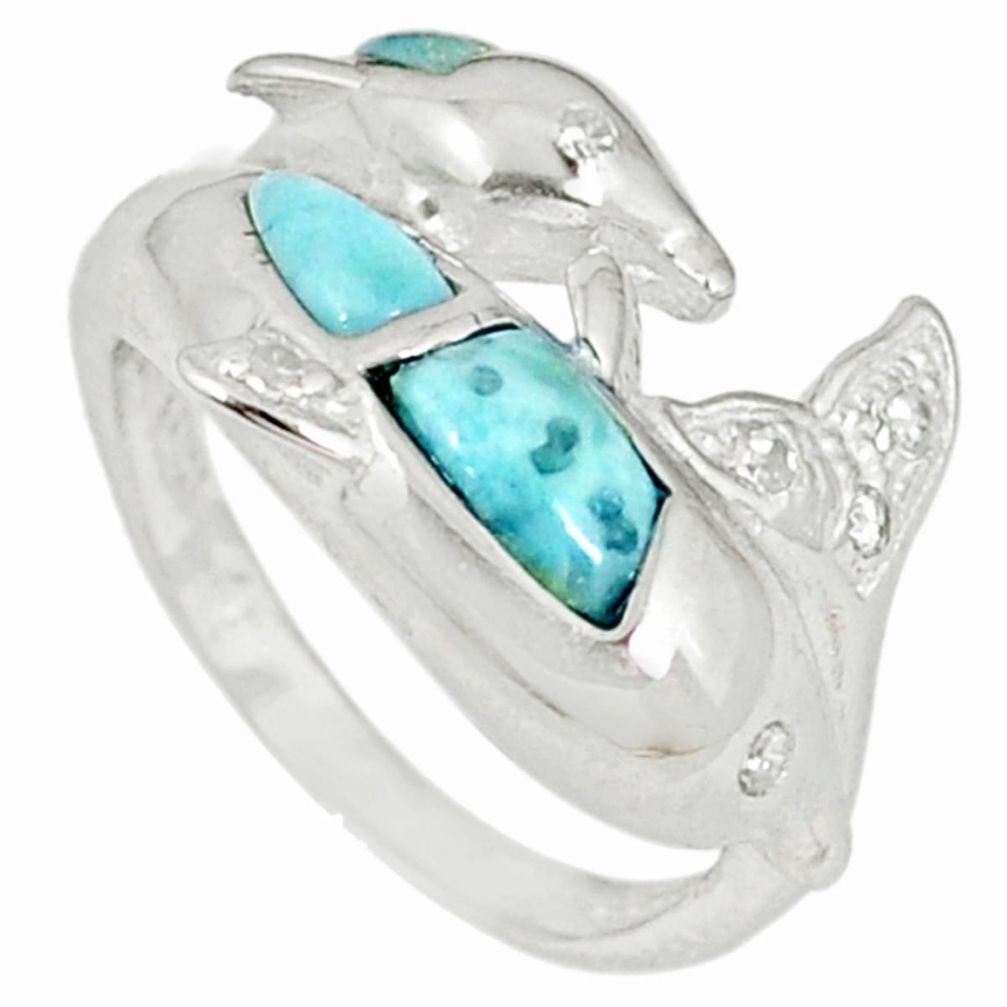 Natural blue larimar white topaz 925 sterling silver ring size 6.5 a60743