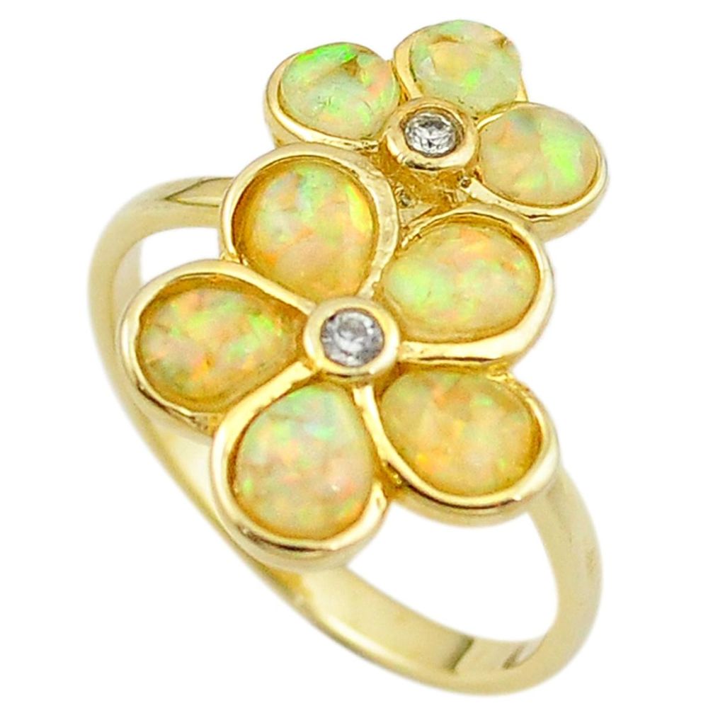 Natural white australian opal (lab) 925 silver 14k gold ring size 9 a61086