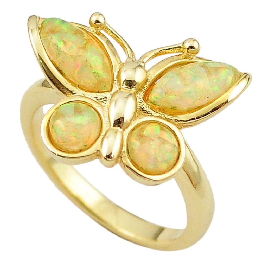 Natural white australian opal (lab) 925 silver 14k gold ring size 7.5 a61101