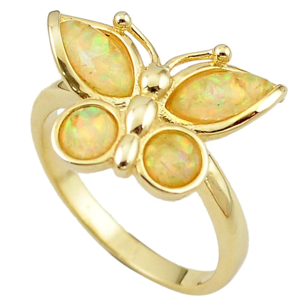 Natural white australian opal (lab) 925 silver 14k gold ring size 9.5 a61107