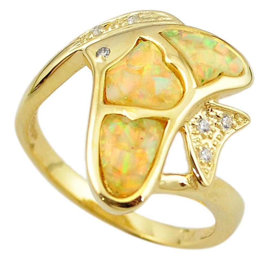Natural white australian opal (lab) 925 silver gold fish ring size 9.5 a61130