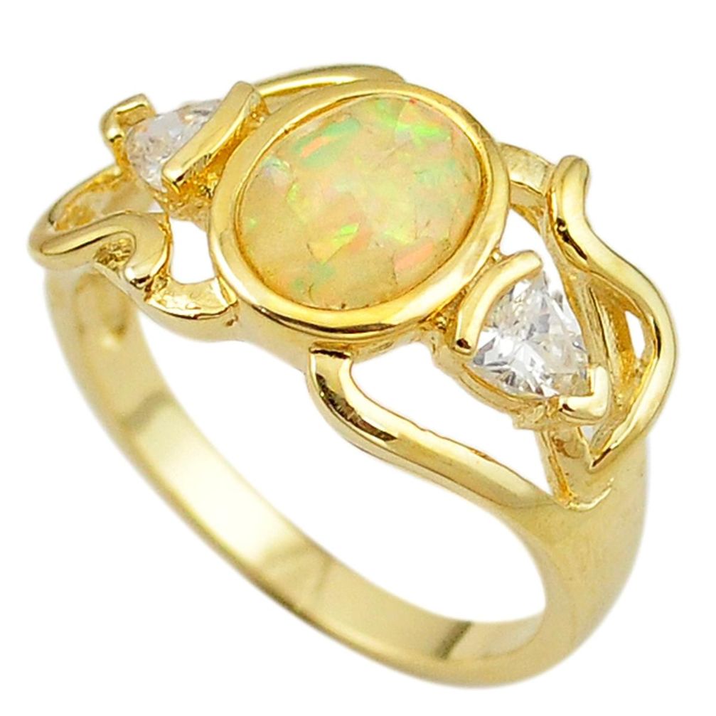 Natural white australian opal (lab) 925 silver 14k gold ring size 9 a61133