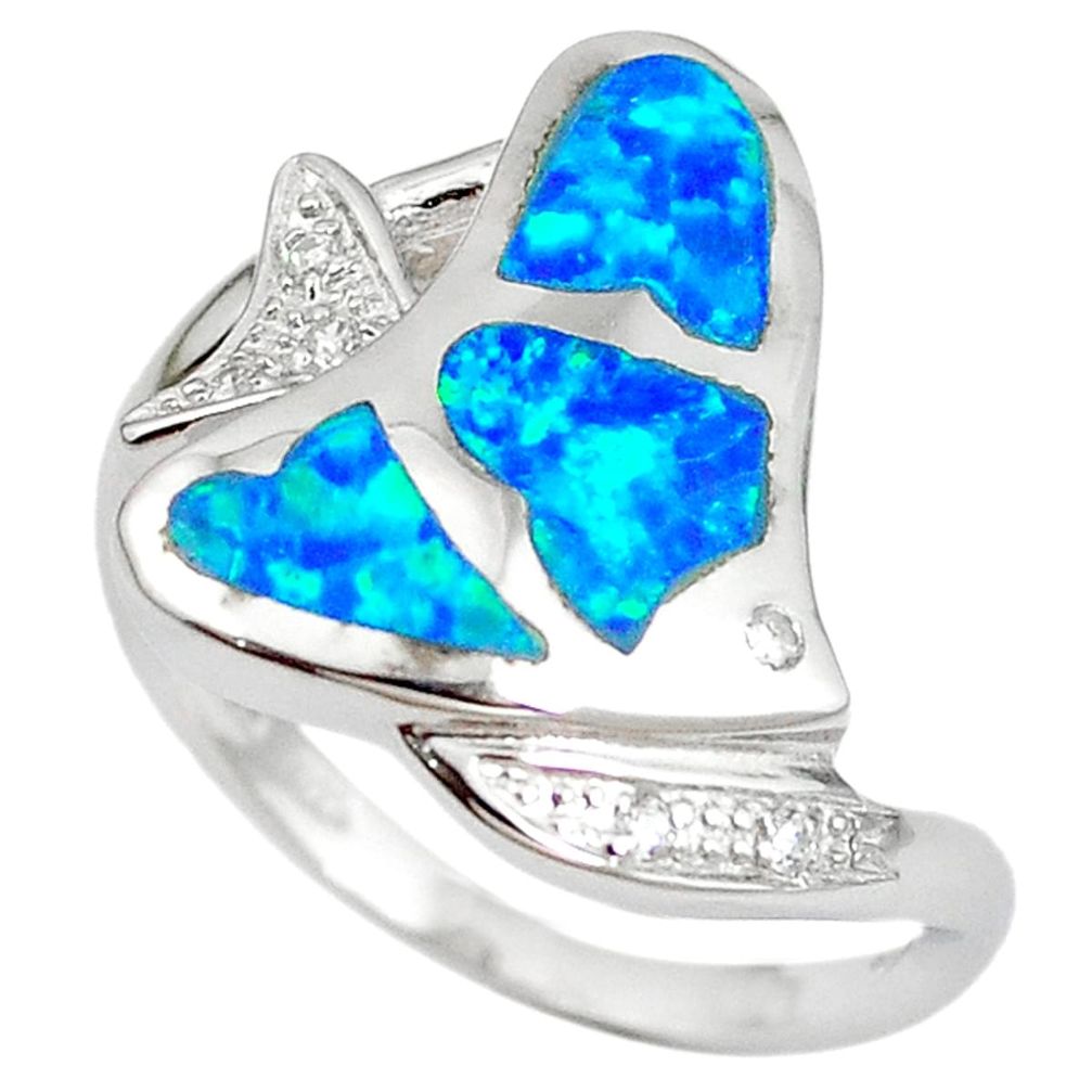 Natural blue australian opal (lab) 925 silver fish ring jewelry size 7.5 a61427