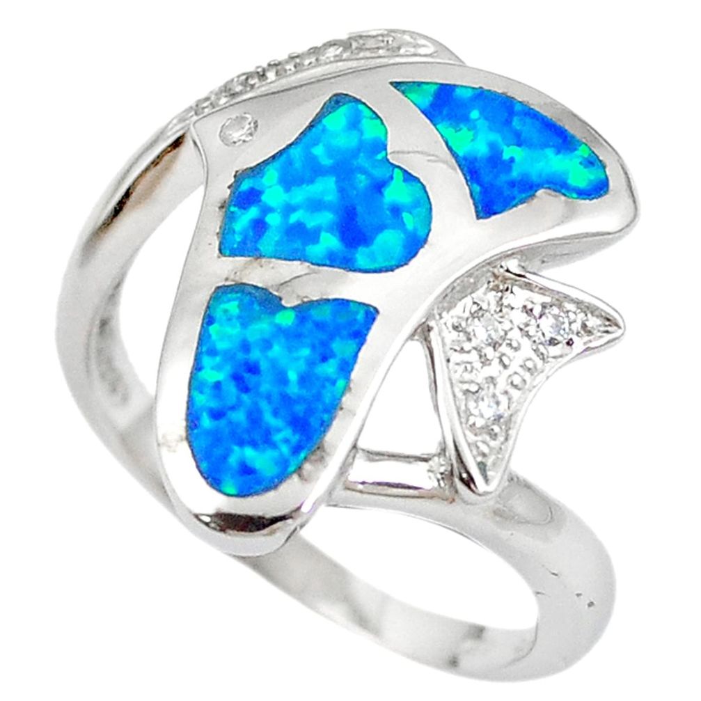 Natural blue australian opal (lab) 925 sterling silver fish ring size 8.5 a61429