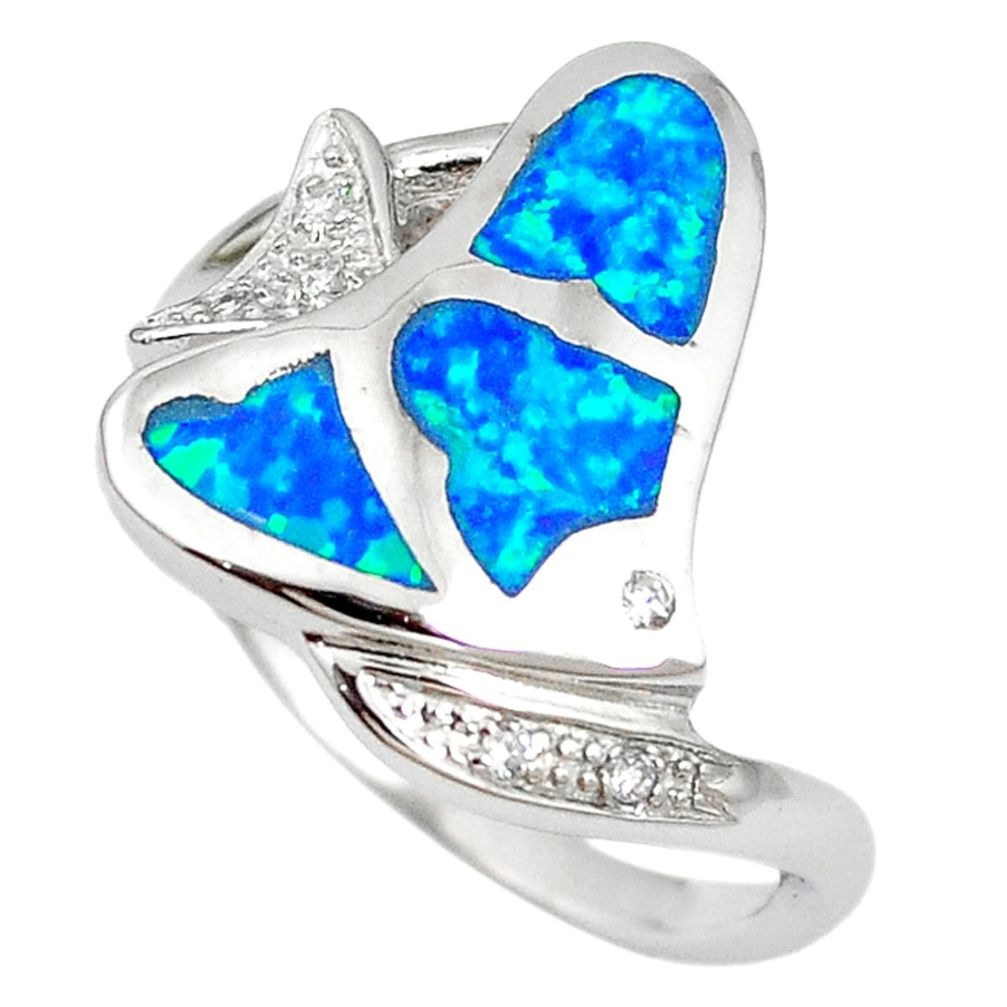 Natural blue australian opal (lab) 925 silver fish ring jewelry size 8.5 a61431