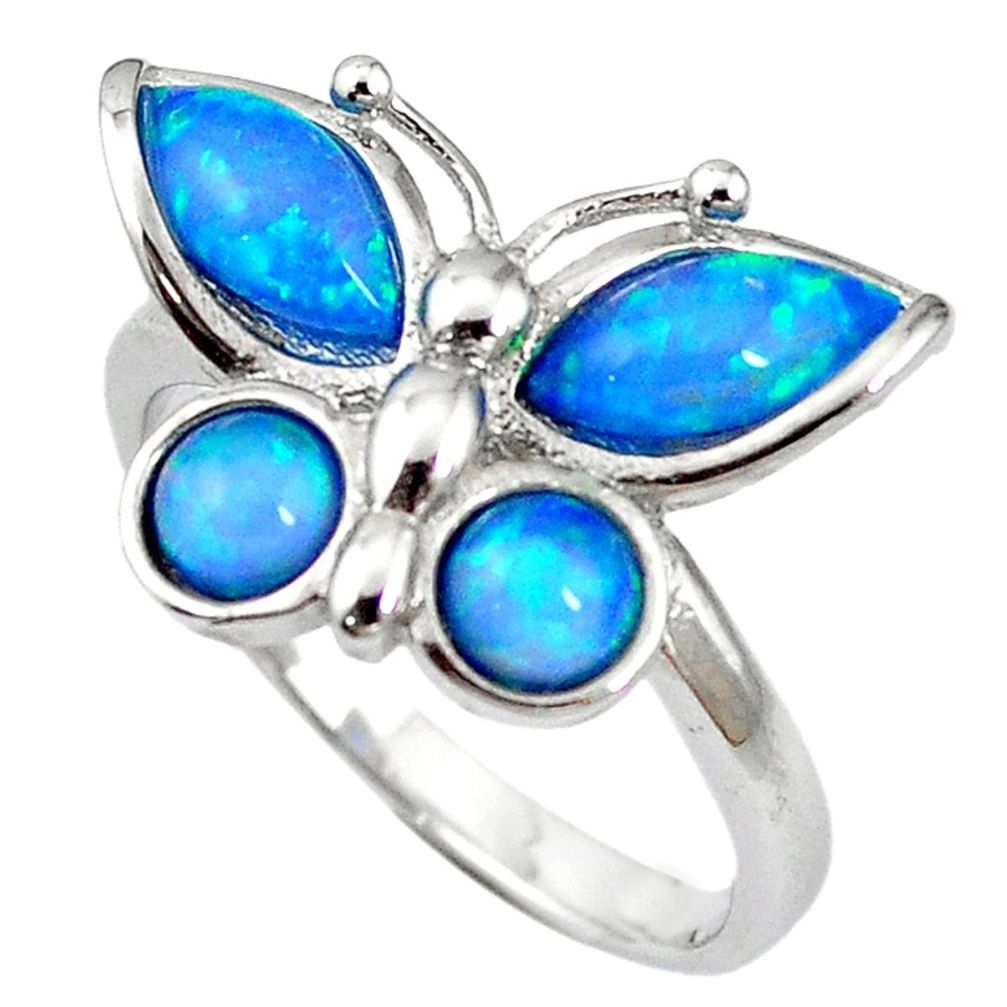 Natural blue australian opal (lab) 925 silver butterfly ring size 8 a61463