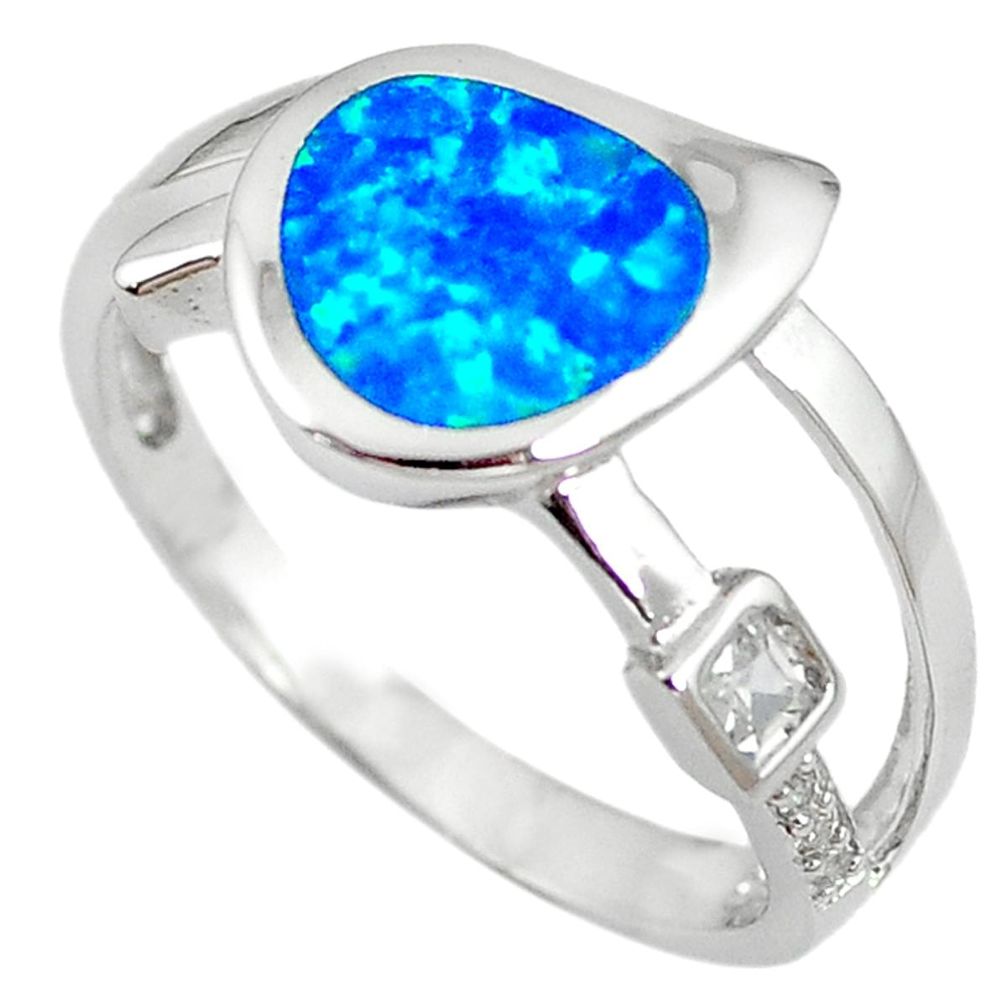 Natural blue australian opal (lab) topaz 925 silver ring jewelry size 9 a61481