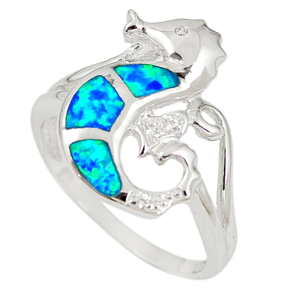 Natural blue australian opal (lab) 925 silver seahorse ring size 9.5 a61517