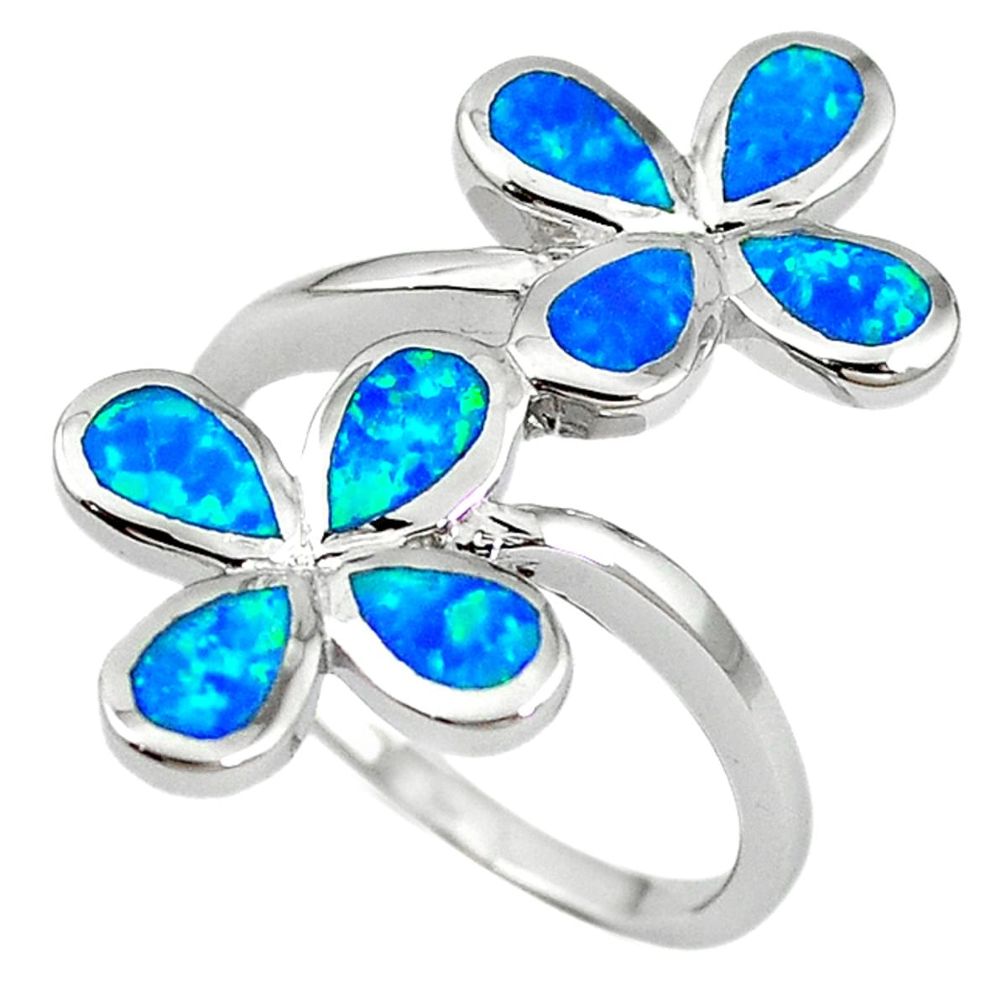 Natural blue australian opal (lab) 925 sterling silver ring size 7.5 a61523